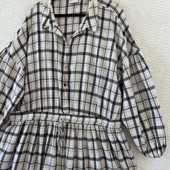 Asos Curve Flannel Check Button Down Open Back Balloon Sleeve Skater Dress Sz 24 - Picture 5 of 13